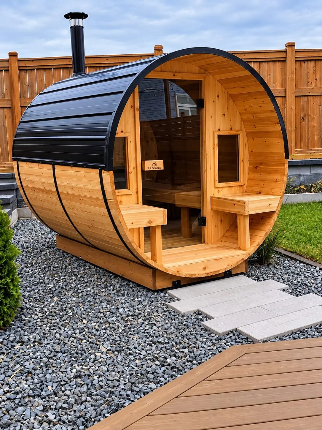 Cedar barrel sauna with a glass front and black roof in a backyard