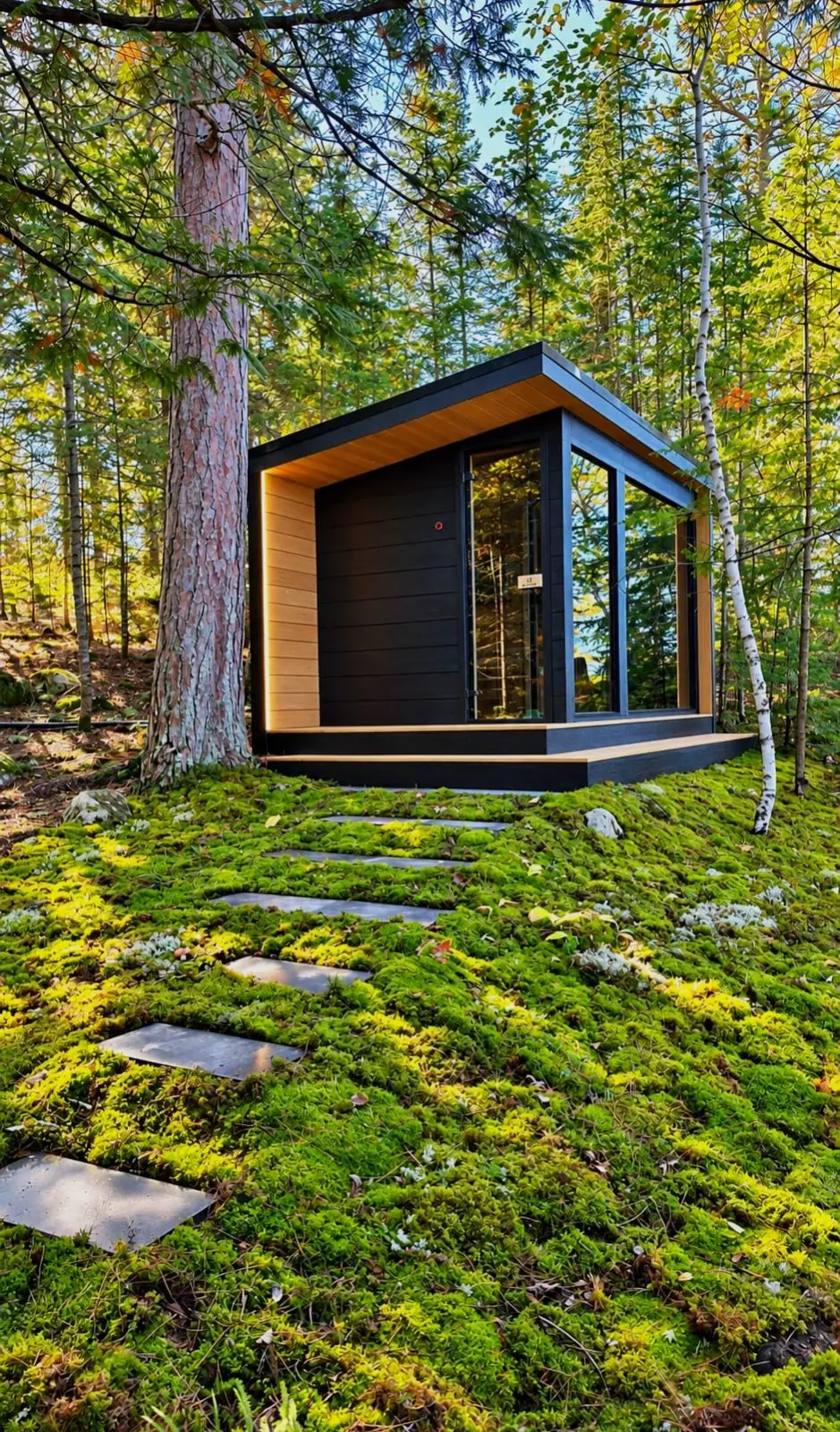Black cube sauna with a cedar porch in a mossy forest