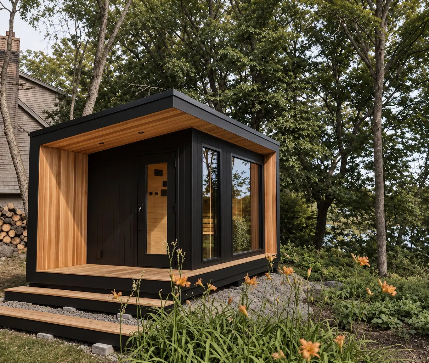 Black cube sauna with a cedar-lined porch beside the house