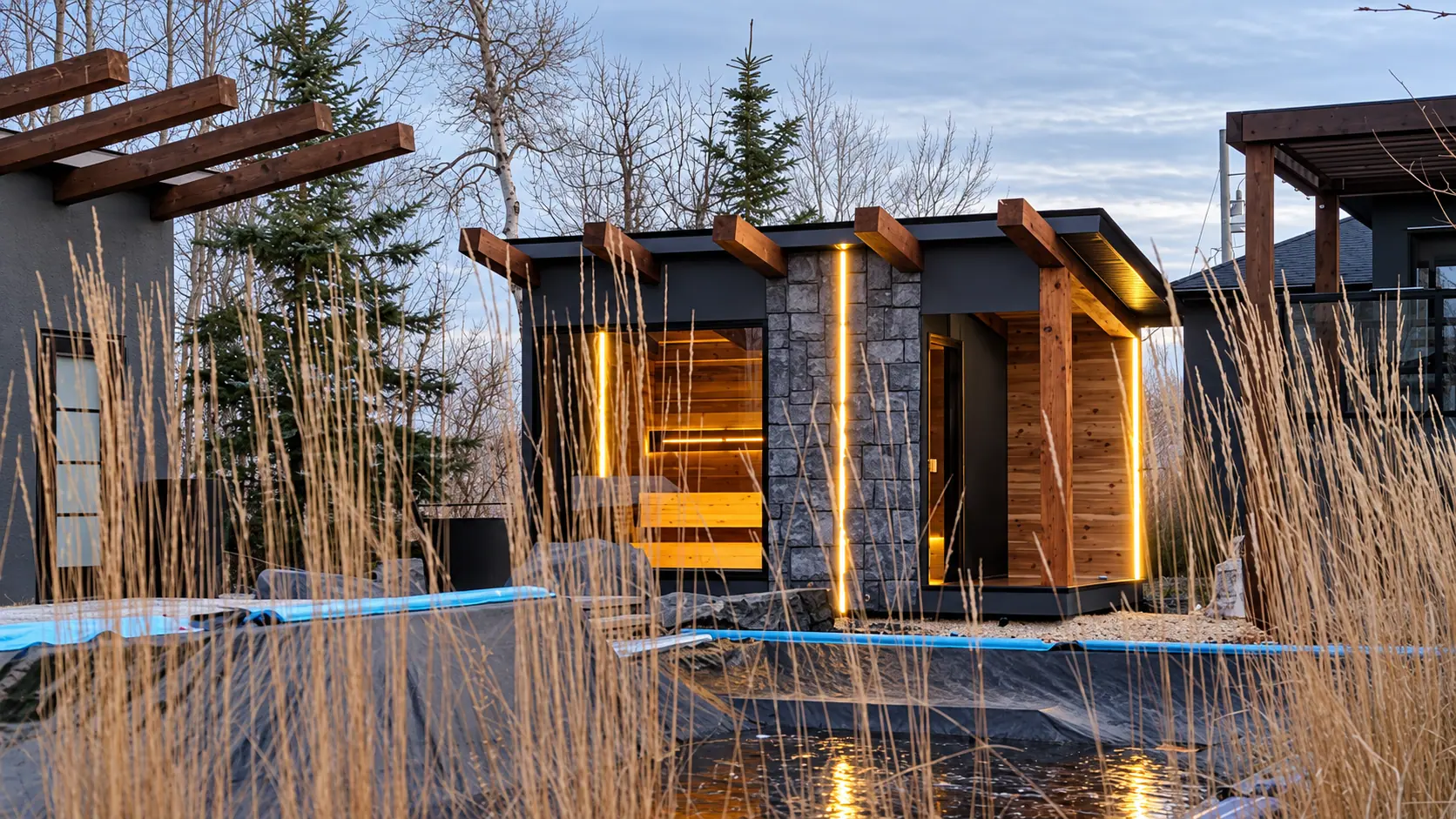 Custom sauna with stone wall and cedar porch, lit at dusk