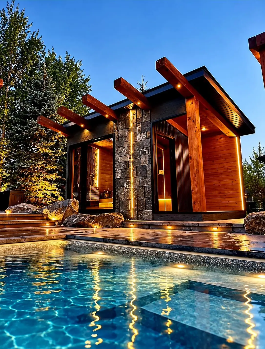 Custom sauna with stone, cedar and black cladding beside the water at dusk
