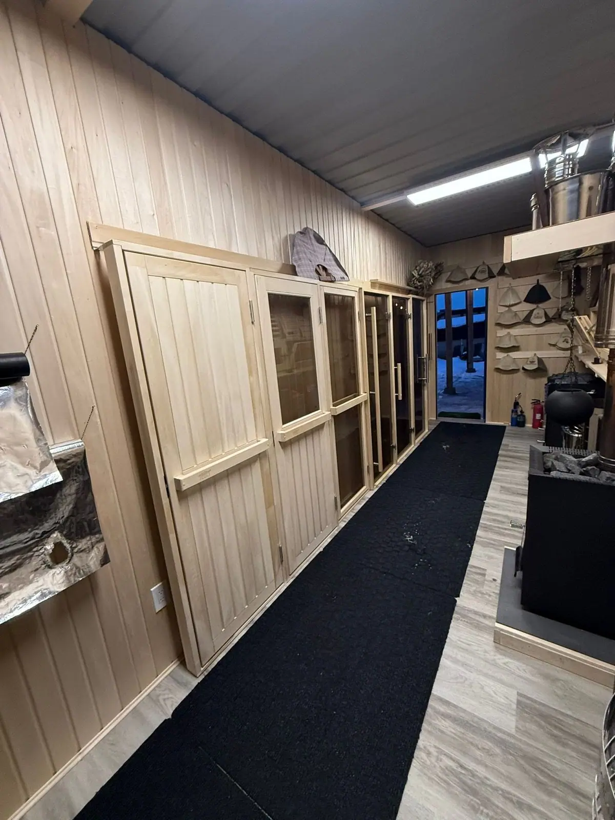 Cedar doors and heaters on display
