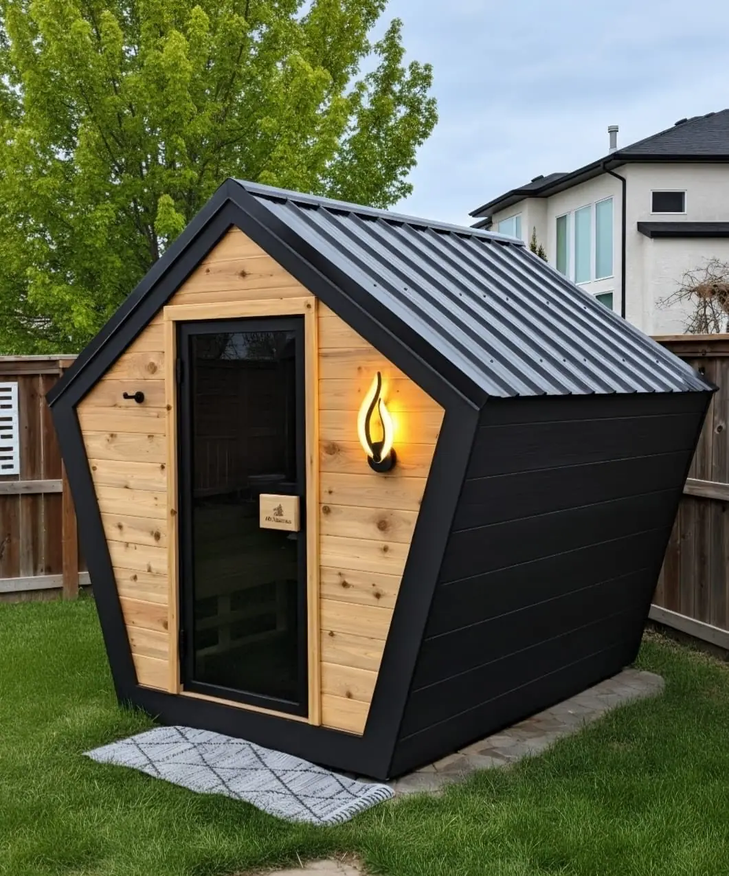 Pentagon sauna with a cedar front, black LP siding and a black steel roof