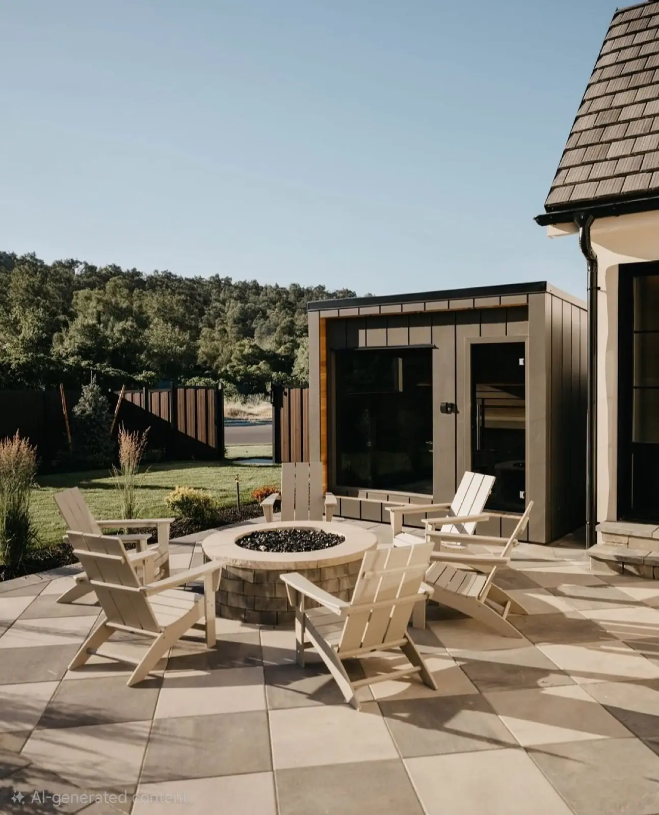 Modern sauna beside a patio and fire pit