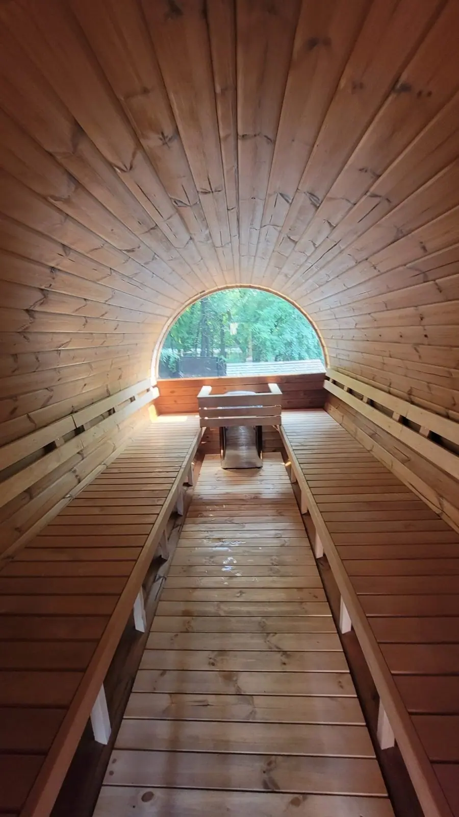 Inside a barrel sauna