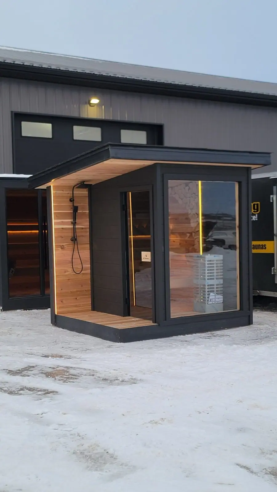 Cube sauna outside the shop