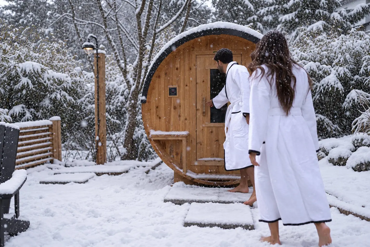 Couple in robes walking to a barrel sauna in the snow